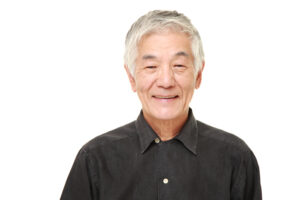 Grey haired man on white background