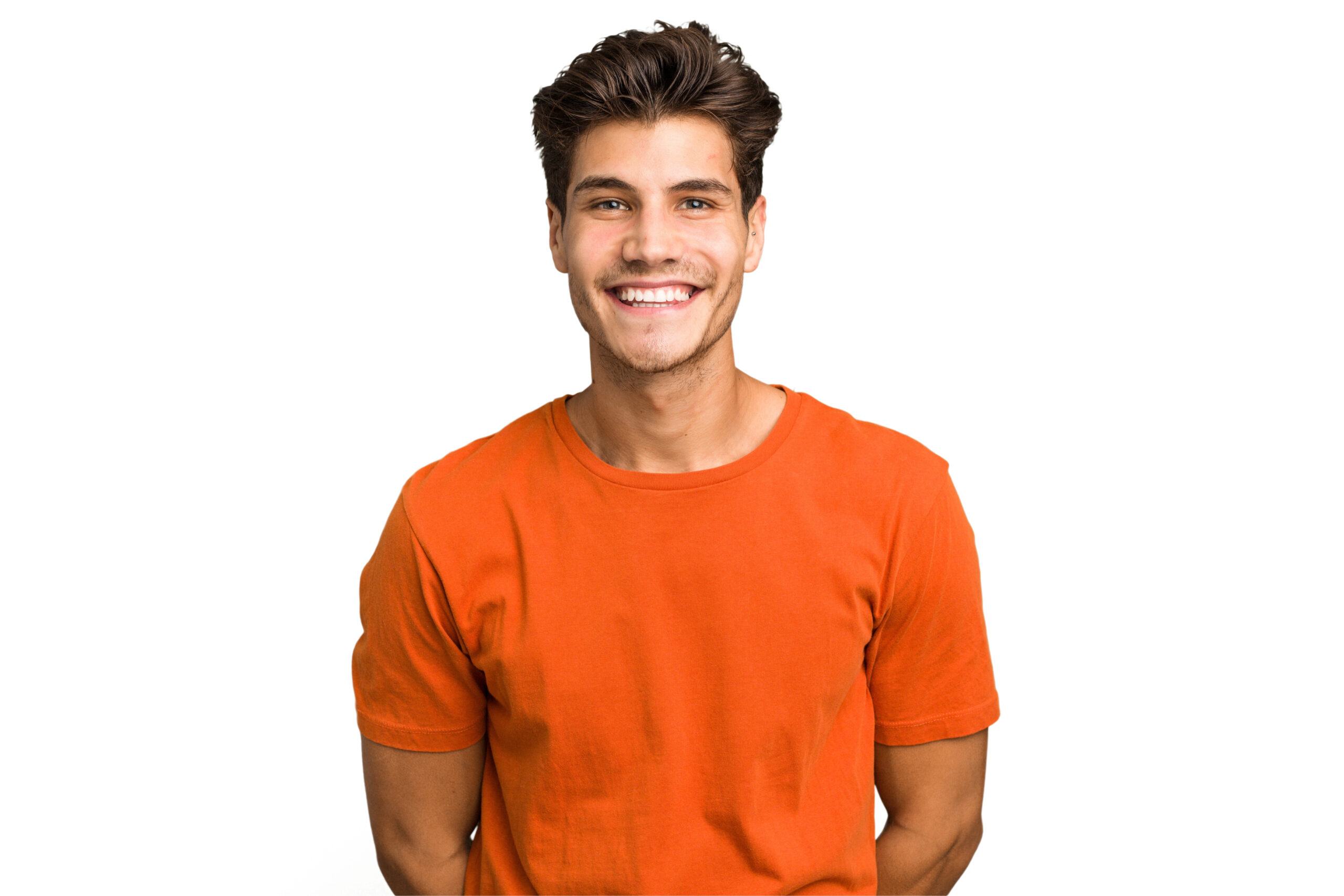 young man smiling in orange shirt